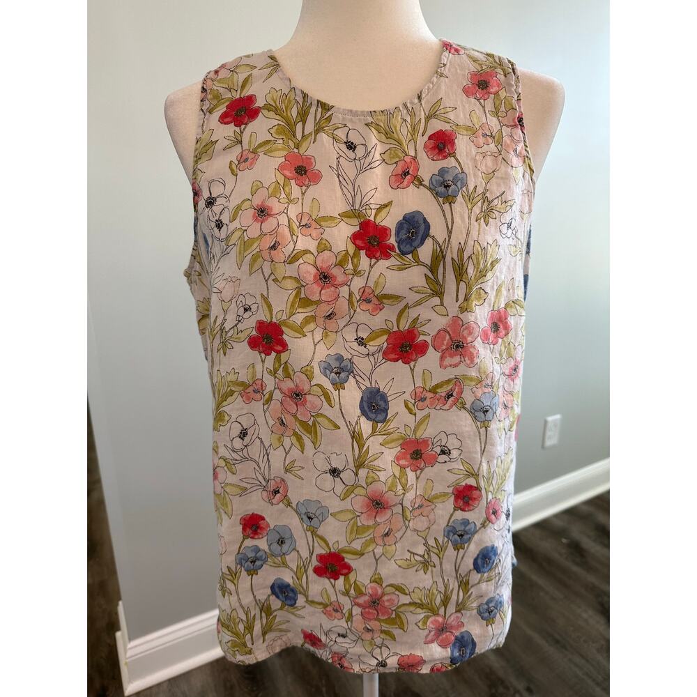 J Jill Linen Sleeveless Top Tank Linen Buttoned Back Floral Print Casual Sz MP
